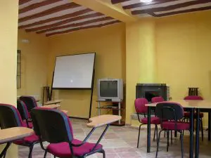 Sala de conferencias con paredes de un acogedor color naranja. Cómodas sillas burdéos con pala de madera para asistir a cursos y tomar apuntes. Al fondo pizarra, televisión y chimenea.