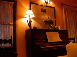 Hermoso piano con partituras, sobre el que se puede ver un cuadro homenaje al poeta granadino Javier Egea. Junto al cuadro, una lámpara imitación de quinqué antiguo y flores, y a la derecha un gran ventanal que da al jardín del hotel.
